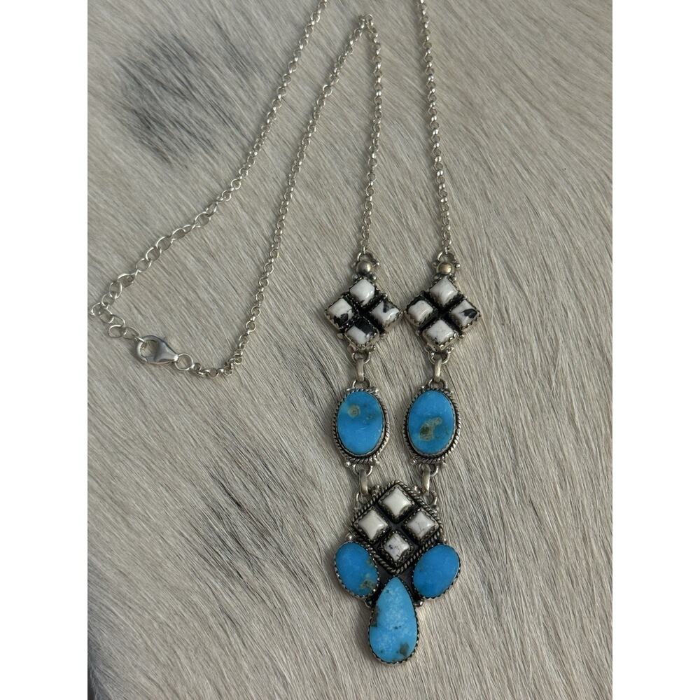 Sterling Silver Blue Kingman Turquoise White Buffalo Nugget Cluster Necklace 21” - Picture 9 of 16